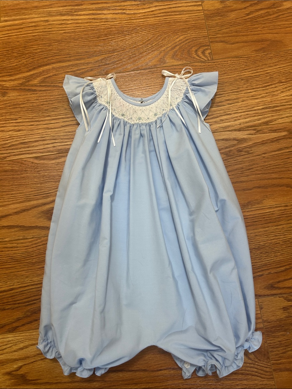 Light Blue Girls' Bubble Romper with Smocked Yoke